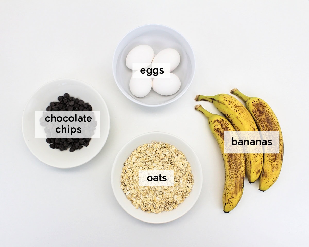 Ingredients to make banana chocolate chip pancakes.
