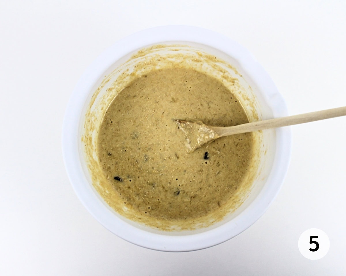Banana pancake batter with chocolate chips stirred in.