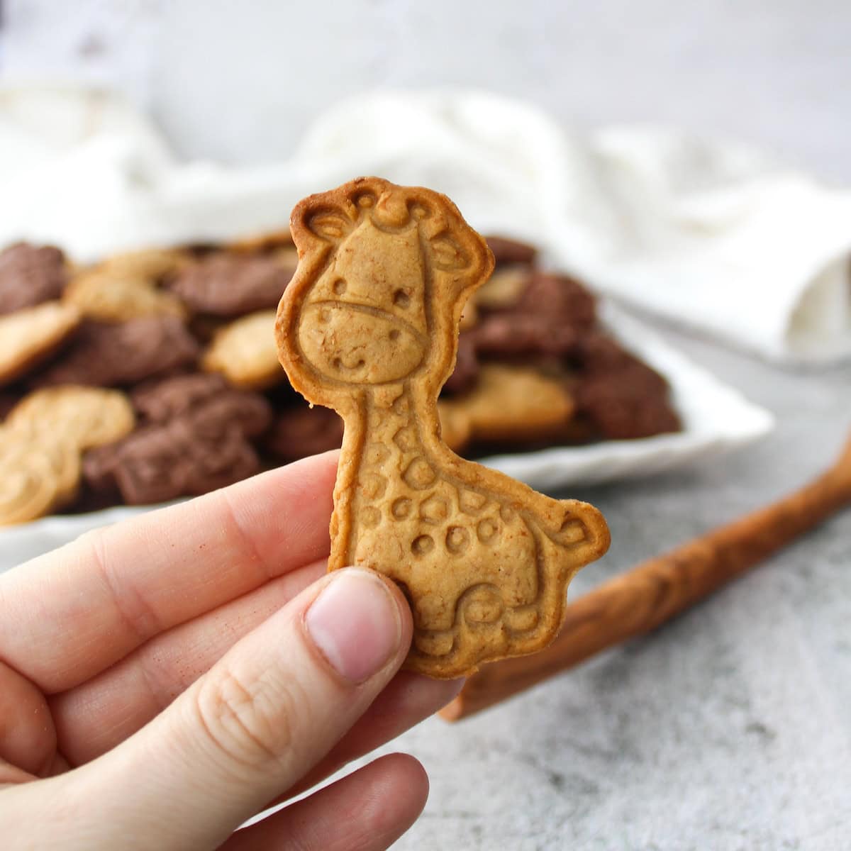 Hand holding up a cute giraffe-shaped animal cracker.